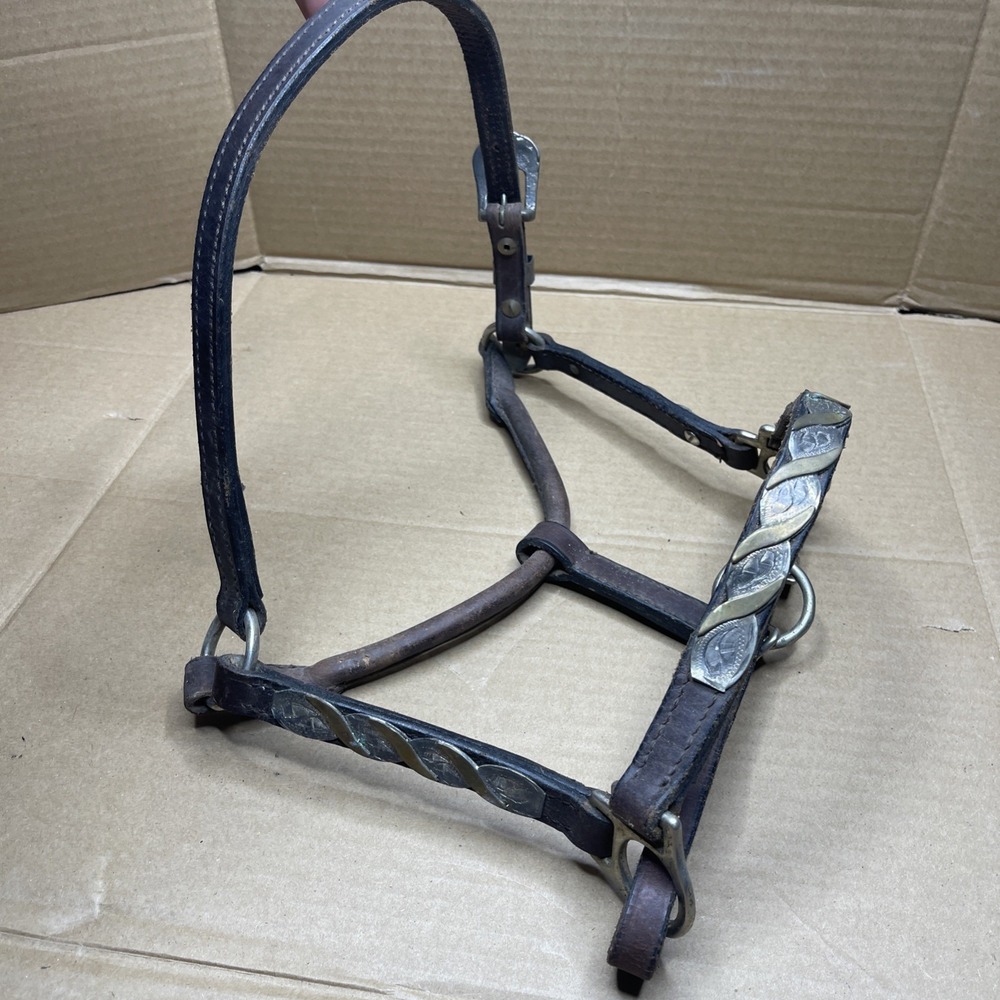 Vintage Western Silver Overlay Horse Halter Engraved Leather Show Bridle Tack